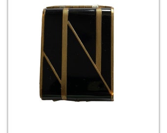 Vanstyle Art Deco Powder and Rouge Compact Black Enamel Brass Structural Decor Polished Metal Mirror 1920s Signed Vintage Vanity Case