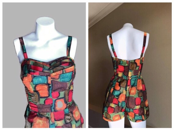 50s Vintage Novelty Print Playsuit / Orange mod p