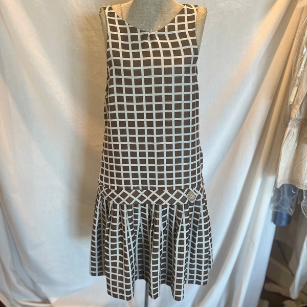 vintage 60s brown and white drop waist dress windowpane print