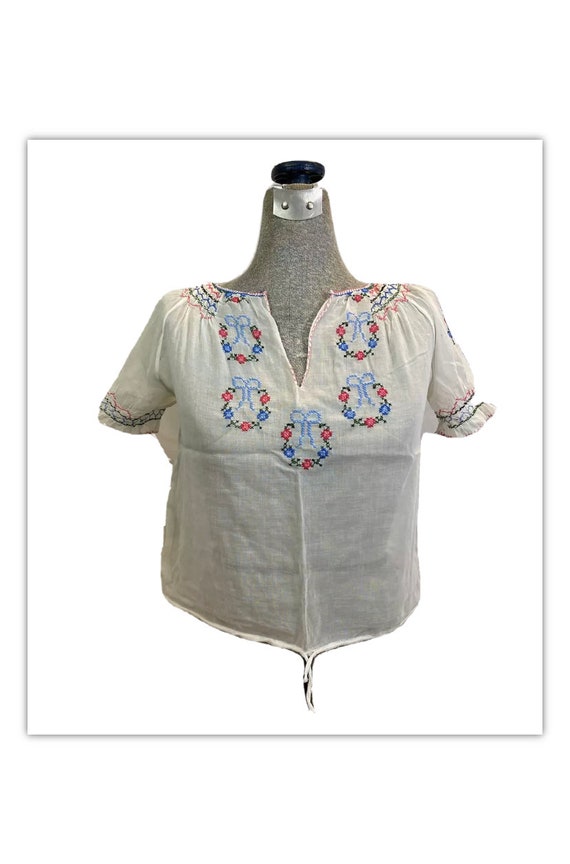 Antique 20s White Embroidered Hungarian Peasant Bl