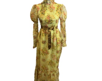 Vintage 70's Yellow floral Renfaire Prairie Dress Boho Floral Roses Rusching Prairie Edwardian Neckline Maxi Dress