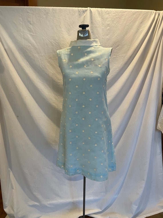 Vintage 60s Mini Dress White Collar Big Bow Blue … - image 2