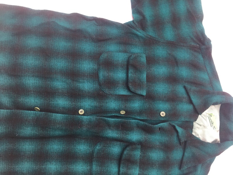 40s Vintage Green Wool Plaid Shirt Buck Skein Joe Green Black Plaid Button Front 2 pockets Hunting Outdoors Rockabilly Heavy Wool