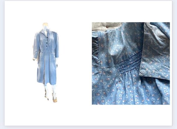Vintage 30s Cotton Blue Floral Day Dress Volup
