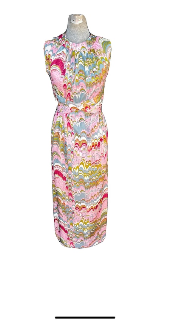 vintage 60s 70s Leslie Fay Pink Swirl Maxi Fitted 
