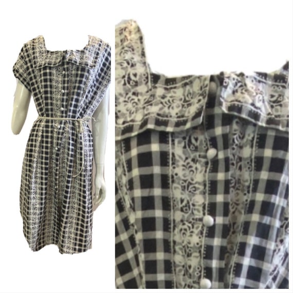 Vintage 50s Black and White Windowpane Shirt Dress