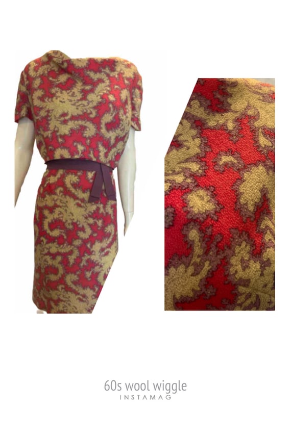 Vintage 60s Wool novelty print Wiggle dress / Jac… - image 1
