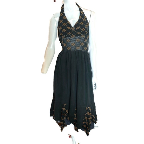 Vintage 70s Cotton Gauze Halter Dress / Forest Gre