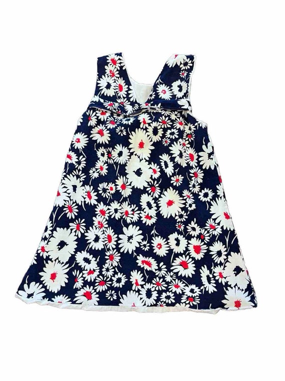 Vintage 60s Girls Navy Red White Sunflower Dress S