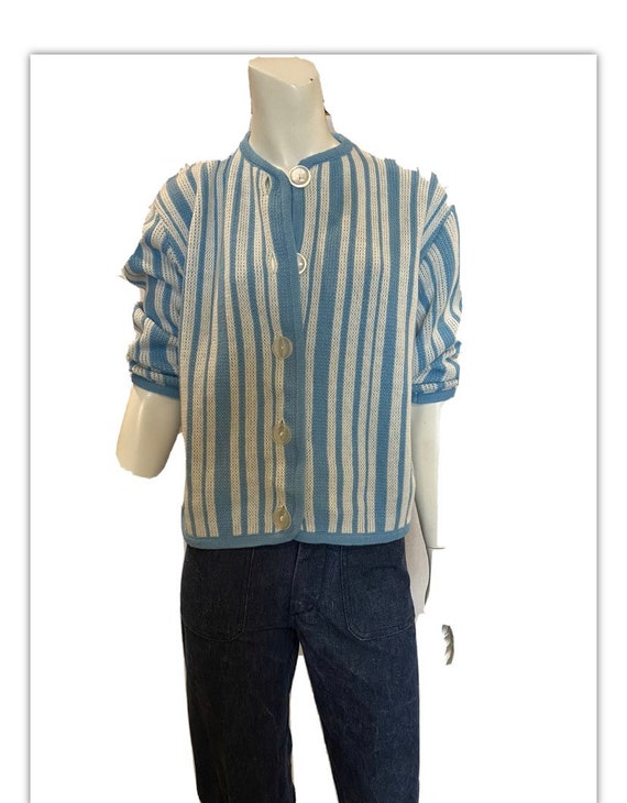 Vintage 50s Cardigan Blue White Stripe Acrylic