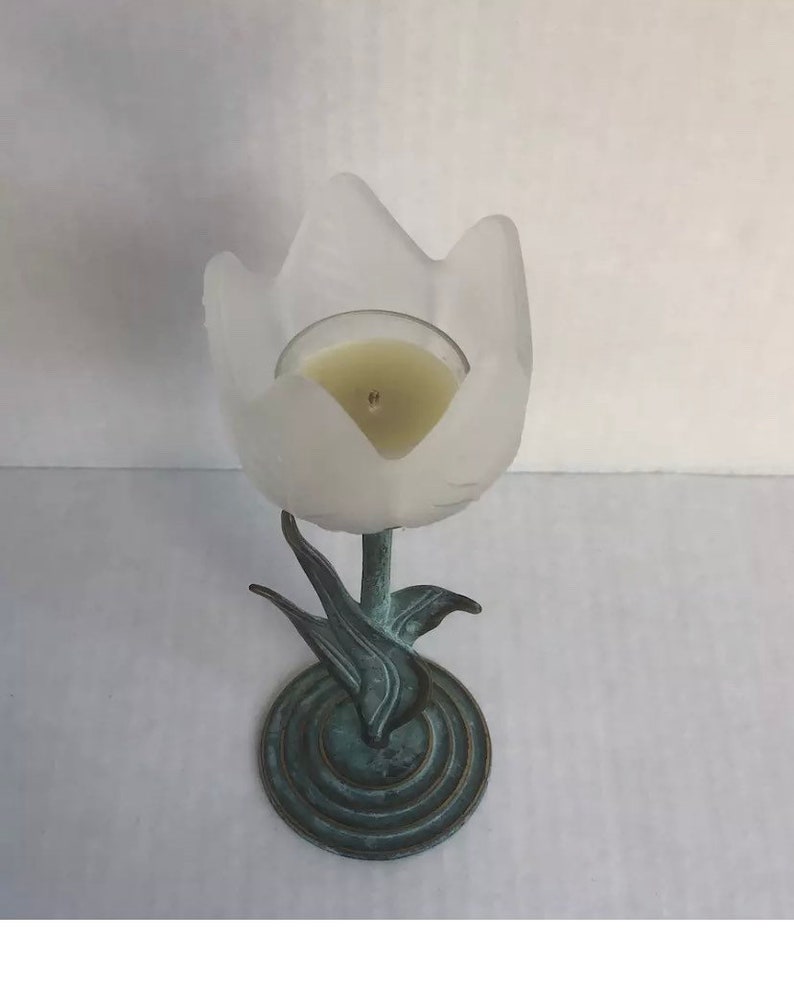 Vintage Frosted Glass Tulip Tealight Candle Holders Metal Etsy