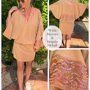 Vintage 80-tals paljettkaftanklänning melon fladdermusärm boho resort mini