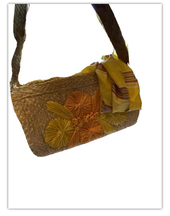 Vintage 60s Woven Straw Bag Raffia Flowers