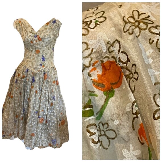 Vintage 40s 50s Novelty Print Party Dress