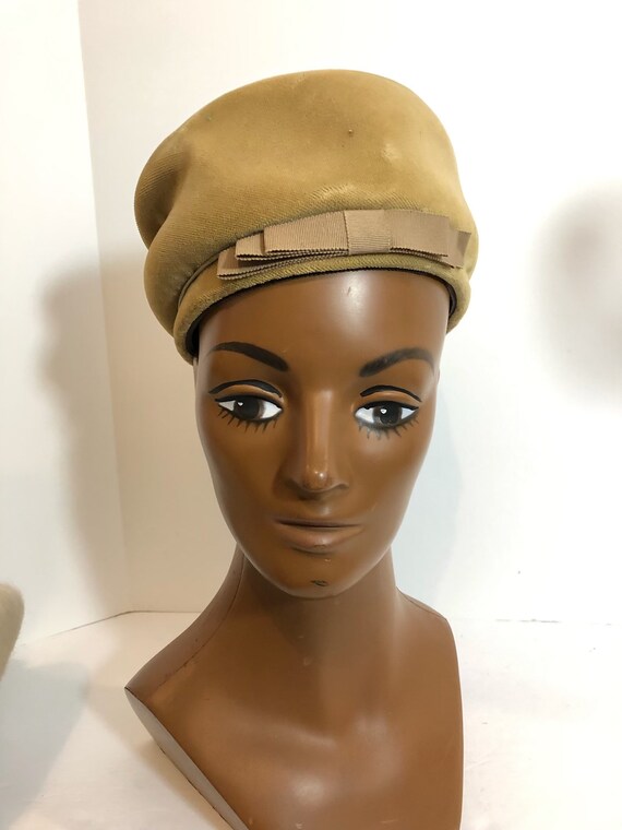 Vintage 60s velvet union made pillbox hat camel c… - image 2