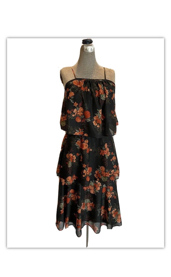 Vintage 70s Sheer Black Floral Tiered Disco Dress - image 1