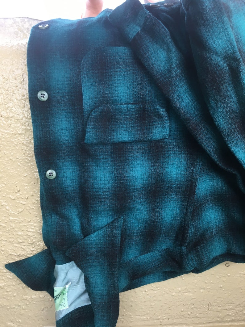 40s Vintage Green Wool Plaid Shirt Buck Skein Joe Green Black Plaid Button Front 2 pockets Hunting Outdoors Rockabilly Heavy Wool