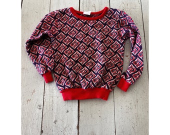 Vintage 70s Kids Poly cotton knit pullover top novelty print red white blue Sz 6