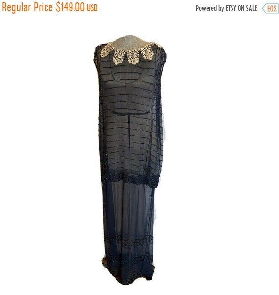 Antique 1920s Navy Silk Chiffon Beaded dress / Do… - image 2