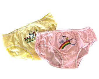 Conjunto de bragas de algodón vintage de Snoopy, talla 7, color rosa y amarillo.