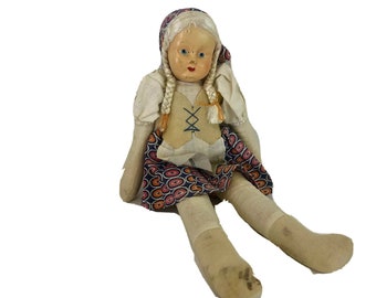 Vintage 30s German Doll Traditional dress Ethnic Peasant Doll Stuffed Cloth Body 12''