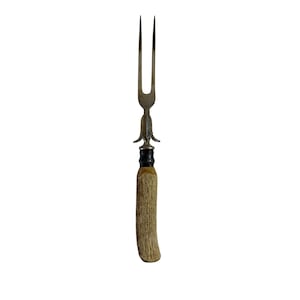 Antique Stag Handle Carving Set Victorian Era Knife and Fork / Rustic Lodge Decor / Ornate Silver Collar / Mismatched Set