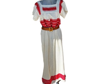Vintage 70s Peasant Dress maxi Isla style Cream Windowpane fabric Red Embroider