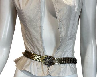 Vintage 70s Gold Stretchy Belt Snake Fish Scale w Silver Bow