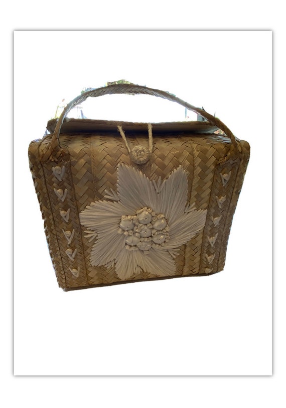 Vintage 60s Woven Straw Bag Raffia White flowers B