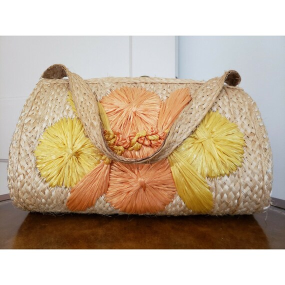 VINTAGE 60s Woven Straw Purse Yellow Orange RAFFI… - image 7