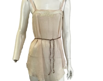 Antique 1920s long Silk Camisole Pink Silk Ecru Lace Pink tuck pleats XL Pink