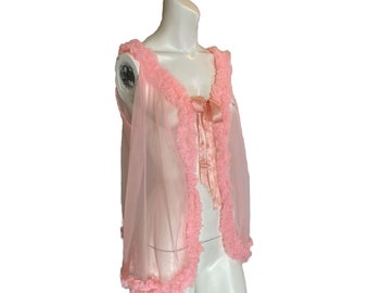 True vintage 60s coquette baby pink bed jacket with Ruffles & Satin Neck tie 44'