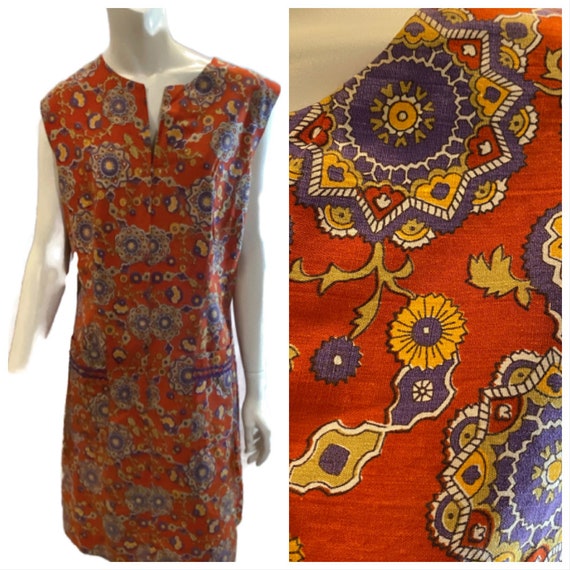 Vintage 60s Red Floral Cotton Sleeveless Shift Vol