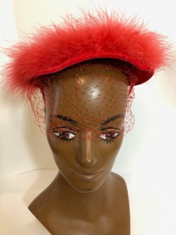 Vintage 60s Red Feather Bumper Hat - image 2