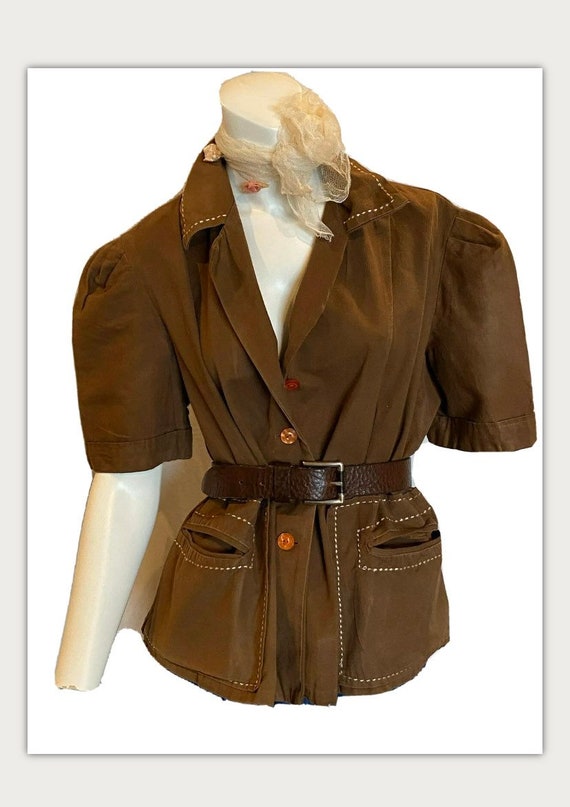 Vintage 40s Brown Cotton Blouse jacket Homemade Vo