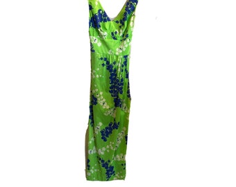 Vintage 50s Kamehameha Hawaii Maxi Dress Lime Blue Floral Rayon Padded Size 8