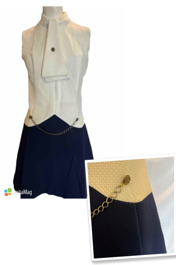 Vintage Sleeveless 60s Mod White & Navy Mini Dress