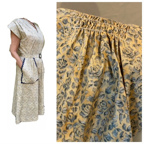Vintage 40s 50s Yellow Cotton Floral Day Dress