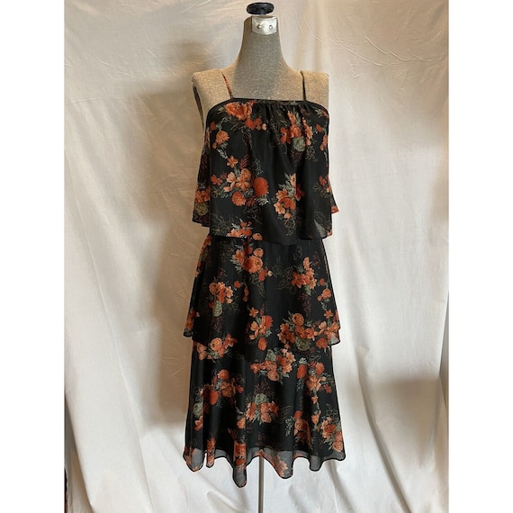 Vintage 70s Sheer Black Floral Tiered Disco Dress - image 2