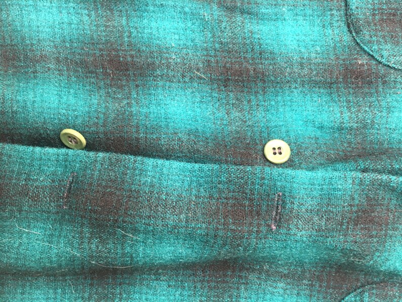 40s Vintage Green Wool Plaid Shirt Buck Skein Joe Green Black Plaid Button Front 2 pockets Hunting Outdoors Rockabilly Heavy Wool