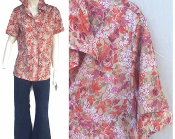 Vintage 70s Pink Floral Polyester Blouse