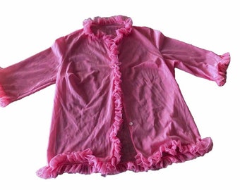 Vintage 60s Nylon Pink Pajama set with double ruffle trim Size M