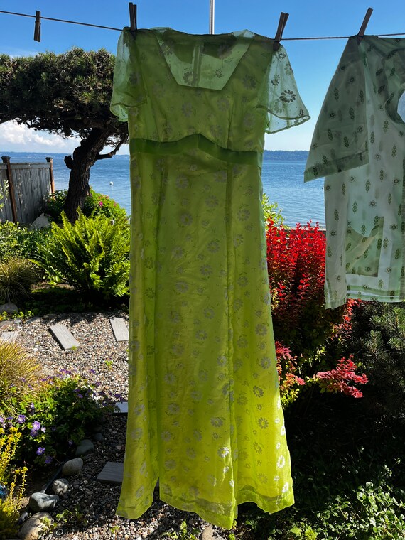 Vintage Chartreuse Voile Prom Dress Regency Flock… - image 2