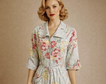 Vintage 40s Ice blue Cotton Rose Print Hostess Gown Full Zip Front large sweep
