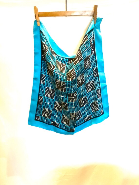 Vintage Silk Turquoise Geometric Print Scarf - image 1
