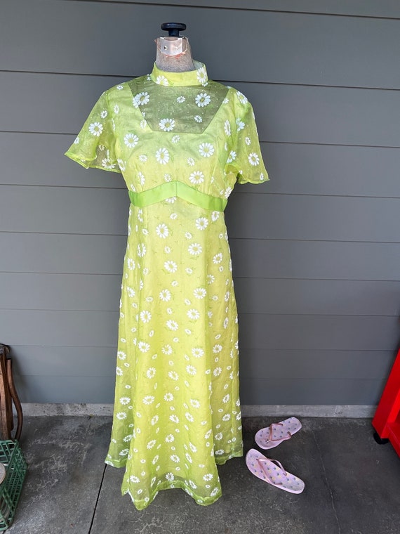 Vintage Chartreuse Voile Prom Dress Regency Flock… - image 3