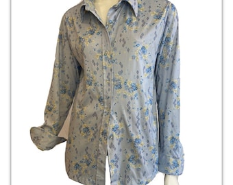 Vintage 1970s Polyester Blue Floral Blouse / Sears