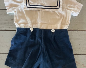 Vintage Toddler Sailor Shorts Suit White and Navy cotton Middy