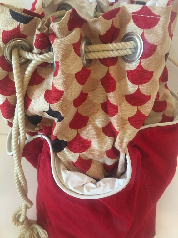 Vintage Red Canvas bucket bag Drawstring Sailboats - image 7