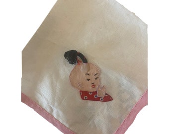 Vintage Handkerchief Embroidered Linen Asian Style Handkerchief with embroidered Asian Man w Cue